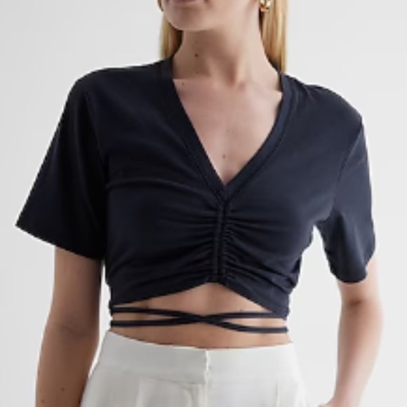 NWT V-Neck Ruched Strappy Tie Cropped Tee~Large. - Picture 2 of 4